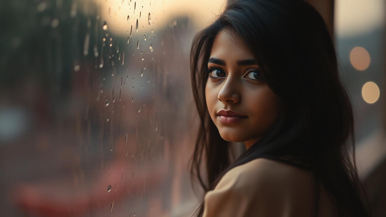 Sad girl looking out a rainy window — Hindi shayari mood